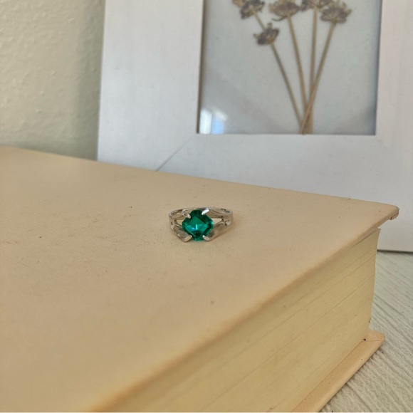 Art Deco Green Stone Emerald Square Cut Ring “Aiden” Diamond Forest Earthy Elven - Picture 5 of 14